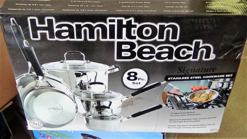 lot 2851 image: Hamilton Beach  Signature 8 Piece Cookware Set, Stainless Steel