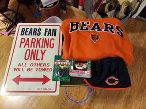 lot 6579 image: Chicago Bears Hooded Sweatshirt, Hat, Sign and Ornament