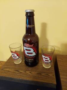 lot 6596 image: Large Budweiser #8 Glass Bottle and 2 Glasses