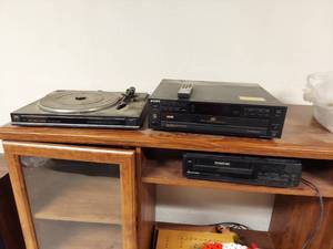 lot 7293 image: 3 Electronics - Fisher Turntable, Sony 5 Disc Player and Panasonic VHS