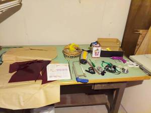 lot 7301 image: Contents on Drafting Table - Crafting Items - Solder and Iron, Hot Glue Gun, Hack Saw