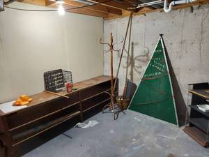 lot 7305 image: All Remaining in Room in Basement - Wood Shelf, Hall Tree and Planters