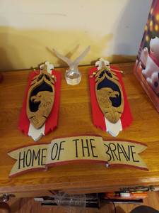 lot 7326 image: (2) Wooden Eagle Plaques, Glass Eagle and Metal Sign