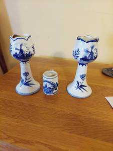lot 7339 image: Blue Delft Candleholders and Small Mug