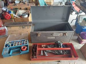 lot 7418 image: Metal Toolbox with Tray and Double Sided Organizer with Electrical Items (Broken Latch on One Side)