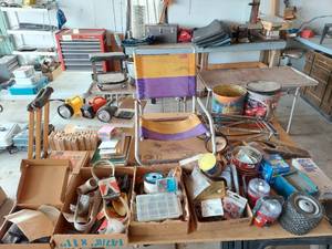 lot 7438 image: Catch All Lot in Garage - Hardware, Boot Jack, and Stair Brackets - Table Not Included