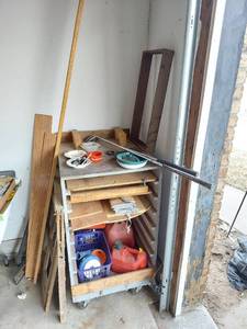 lot 7441 image: Wood Rack on Wheels and Contents and Workbench Without Contents