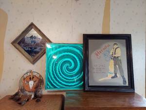 lot 7608 image: Painted Mirror, Leather Dream Catcher and 2 Pictures