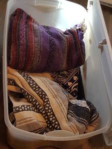 lot 7386 image: plastic storage tote with pet blankets