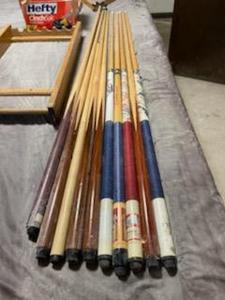 lot 7615 image: Pool Cues, Pool Cue Rack and Ball Racks (Triangle and 9 Ball)