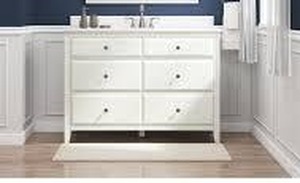 lot 11992 image: 6 drawer vanity with facuett brushed nickel and top and back splash