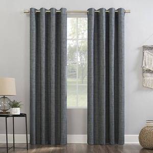 lot 47971 image: 96x52 Kline Burlap Weave Thermal 100% Blackout Grommet Top Curtain Panel NavyDenim - Sun Zero Pair
