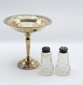 lot 7003 image: Sterling Silver weighted Pedestal Bowl Candy Dish  Set of Crystal Salt & Pepper Shakers