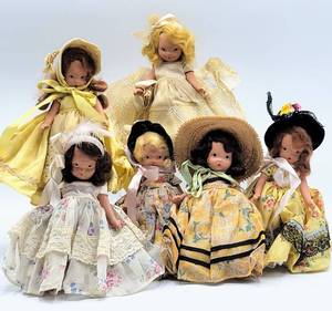 lot 7023 image: Collection of 6 Vintage Mid-Century NANCY ANN STORYBOOK DOLLS Bisque Painted Faces