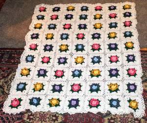 lot 7012 image: Vintage Crochet Afghan Granny Squares Blanket Throw with Colorful 3D Flowers 61 x 49