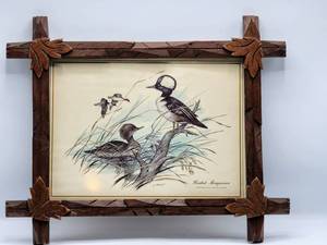 lot 7010 image: J. Lockhart, Hooded Merganser Wildlife Print in Hand Carved Wood Frame