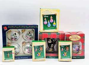 lot 7056 image: (7) Boxes of Disney Ornaments incl Hallmark - Mickey & Minnie Mouse, Disney Princesses, Pinocchio, Winnie The Pooh, Tigger & Piglet