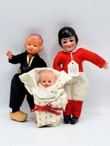 lot 7030 image: 1950s Celluloid Football Player Doll, CelluloidPlastic Dutch Boy Doll  Vintage Blue-Box baby doll