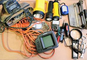 lot 7016 image: Large Household Garage Lot - Work Light, Flashlights, Fish Finder, Craftsmen Belt Sander, Multimeter, Electric Tester  more