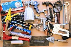 lot 7017 image: Large Household Garage Home Improvement Lot - Craftsman tools, Nu-Mark pneumatic Paint Sprayer, Pipe wrench, Vintage Hand Drill  more