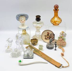 lot 7004 image: (15) Piece Lot of Variety of VtgAntique Collectibles - The P&A Mfg Co Acorn Mini Oil Lamp, Hat Pin Holder, Hummel Plate, Crystal Figurines,  more