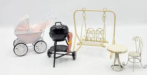 lot 7059 image: Dollhouse Miniatures - Charcoal Grill, Stroller, Swing  Table with Chair