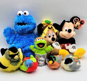 lot 7062 image: (8) Plush Stuffed Animals Characters Lot - Mickey Mouse, Cookie Monster, Oscar the Grouch  Birds