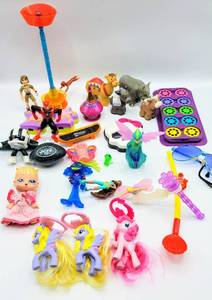 lot 7071 image: Large Lot of Vintage Toys - McDonalds Toys, Curious George, My Little Pony, Figurines, Disney Miniature Viewmaster slides  Mattel Animals