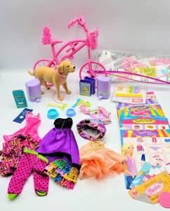 lot 7072 image: Barbie Fun Lot - Pink Bicycle, Barbie Tanner Dog with Accessories  Barbie Love To Shop Accessories