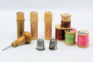 lot 7077 image: (3) Vintage Boyer Brand Needle Cases, Thimbles, Thread  more