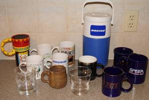 lot 5104 image: BOEING  SPIRIT Cooler & Coffee Cup Lot - Other fancy cups and glasses too