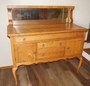 lot 5125 image: Vintage - Gorgeous Wood Buffet with Bevel Glass Mirror - Very Nice Piece of Furniture