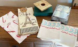 lot 5138 image: Housewares Lot - New Kitchen Towels, New Japanese Cups, Stoneware Candle Holder & Hand Embroidered Pillow Cases