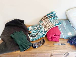 lot 5145 image: Large Lot of Winter Items and Bedding - Heavy HoodGaiter, Nice Gloves, Knitted Leather Bottom Moccasins - Sheets Sets and More