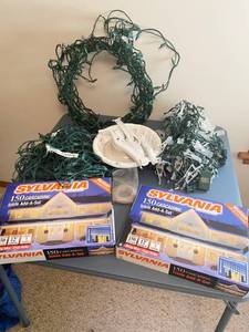 lot 5170 image: Large Lot of Outdoor Xmas Lights w house clips - 2 Boxes NEW Icicle Lights and NICE real tree stand
