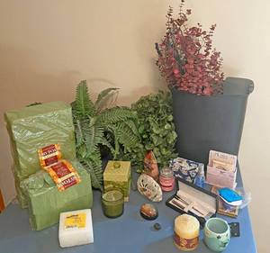 lot 5191 image: Home Decor Lot - NEW Candle, Floral Foam, Pen Set, Office Waste Can and more See photos