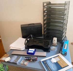 lot 5175 image: BIG Lot of Office Supplies - Nice Stacking Trays. New 3-Hole Punch, Pencil Sharpener and more