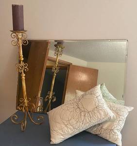 lot 5181 image: Tall Floor Candle Holder, Two NICE embroidered decorative pillows and a vintage beveled wall mirror