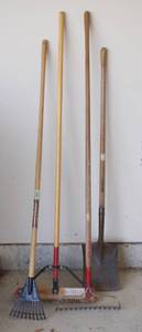 lot 5292 image: Garage  Garden lot - 2 Rakes, Shovel and Push Broom