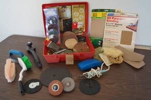 lot 5011 image: Lot of Sanding Discs, Sanding Paper Soldering Iron, Brushes, Blocks and More