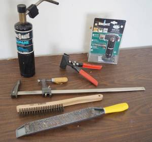 lot 5014 image: Propane Torch, Pair of long clamps, Micro Torch w solder tip (in package), Smashers, file and wire brush