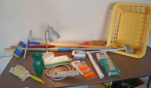 lot 5036 image: House Cleaning Lot - Basket, Brooms, Mops, Power Strips and Nice Desk Lamp