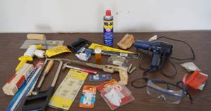 lot 5045 image: Handyman Lot - WD-40 (full) Saws, NICE safety glasses, shims, trowels and more