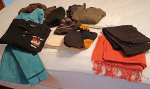 lot 5202 image: Womens Clothing and Accessories - Leather Jacket, Hats Scarves and More - Sized Medium - All NICE From a Clean home. Smoke, Pest and Pet Free Home