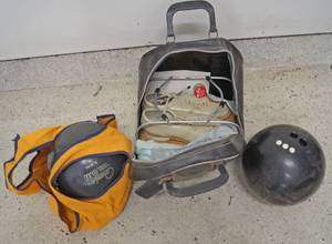 lot 5226 image: Lot of 2 Bowling Balls, Bowling Shoes and Case AMFlite Magic Line &amp Columbia 300 - Strike