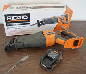 lot 5238 image: RIDGID 18V Reciprocating Saw w Battery - M#R8641 and original box(charger not included)