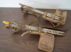 lot 5239 image: Vintage Lineman Pole Gaffs  Tree Climbing Spikes -Steal &amp Leather Could Be Buckingham - wow