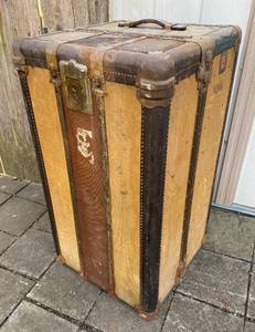 lot 5053 image: Antique WHEARY Wardrobe Pillowtop Travel Trunk - w Key From early 1900s Just Gorgeous Steamer Trunk