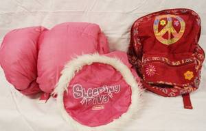 lot 93061 image: Pink Colman Sleeping Bag Sleeping the Diva & Nice Back Pack