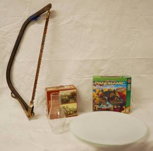 lot 95008 image: Misc Lot -  Light Cover, Bow Saw, Glass Globe and 2 Puzzles